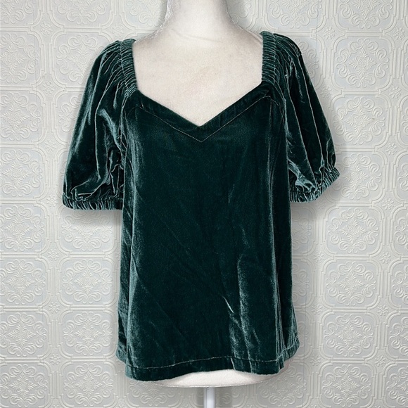 Loft | Velvet Puff Sleeve Top, Deep Spruce Green - Picture 2 of 10